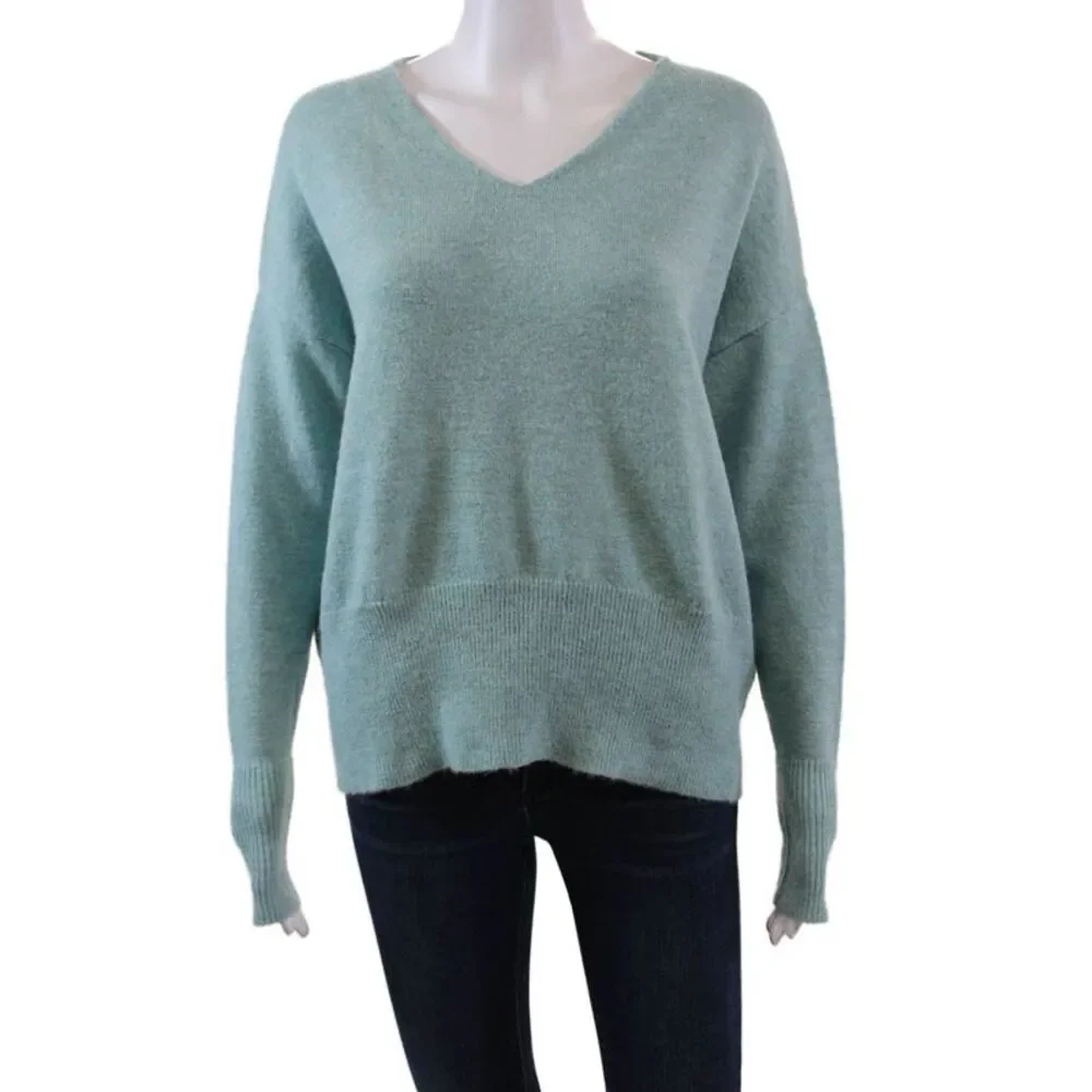 Renuar Womens Knitted Long Sleeve Ribbed Hem V-Neck Sweater Blue Size 1X